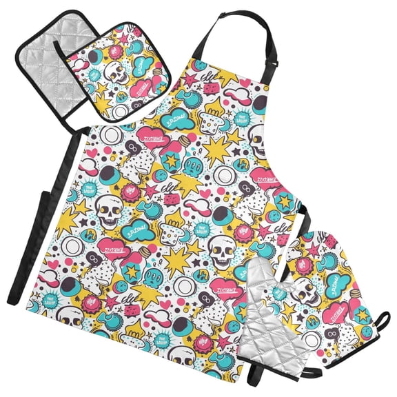 Cartoon Skull with Speech Bubbles 5 Pcs Kitchen Set Heat Resistant Oven Mitts and Non-Slip Pot Holders with Adjustable Cooking Apron