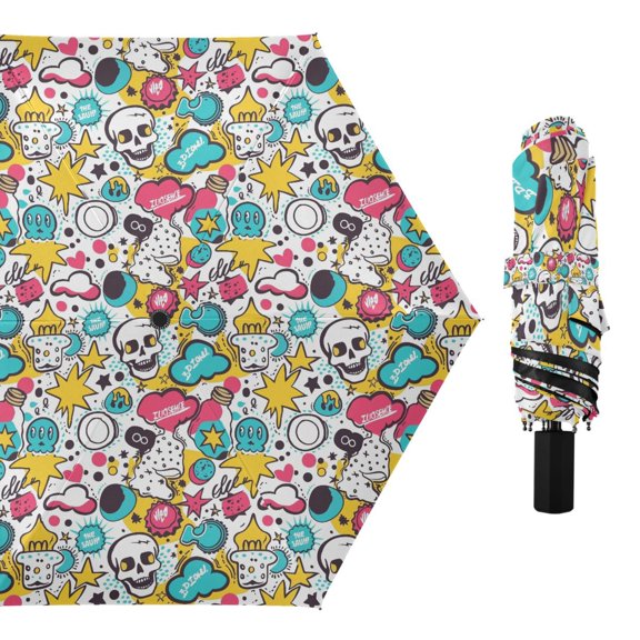 Cartoon Skull with Speech Bubbles Compact Sun Umbrella Windproof Travel Umbrellas for Rain Strong Portable UV Protection
