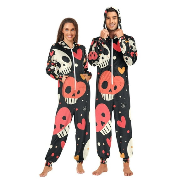 Cartoon Skulls Hearts Adult Onesie Pajamas Slim Fit Christmas One Piece Suit Pjs for Women and Men Hooded Zipper