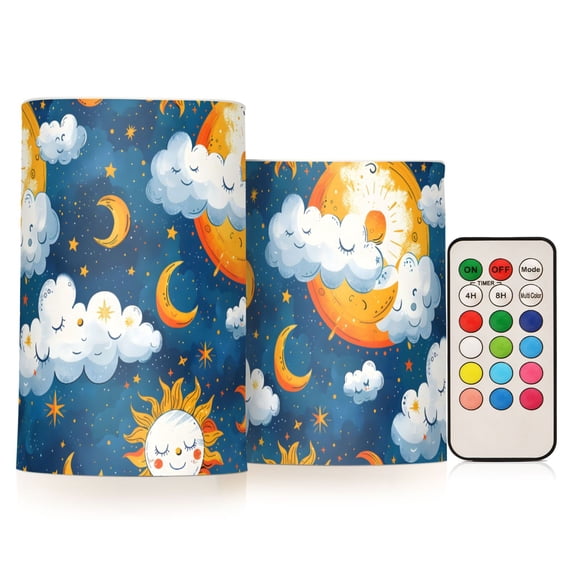 Cartoon Sky Pattern Flameless LED Candle Set with Remote, Battery Operated Color Changing Pillar Candles, Set of 2