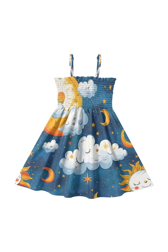 Cartoon Sky Pattern Girls' Casual Dresses 2Y-8Y Sleeveless Ruffle Neck for Summer Daily Wear