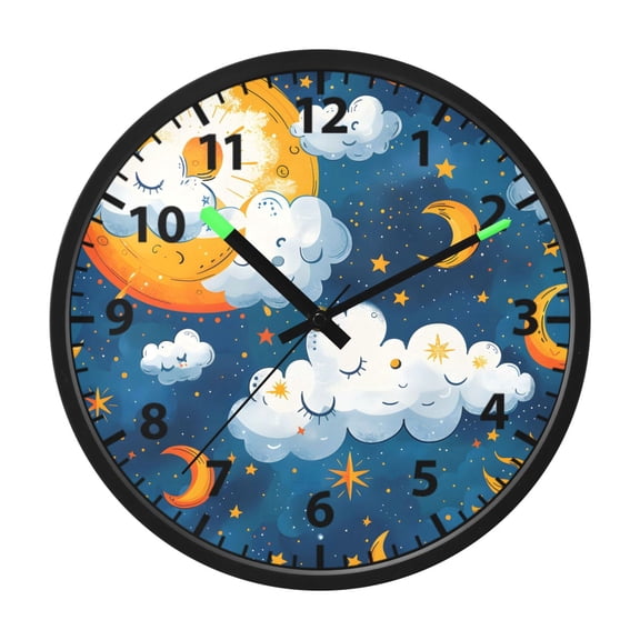 Cartoon Sky Pattern Wall Clock 12 Inch Voice Activated Night Light Silent Non Ticking