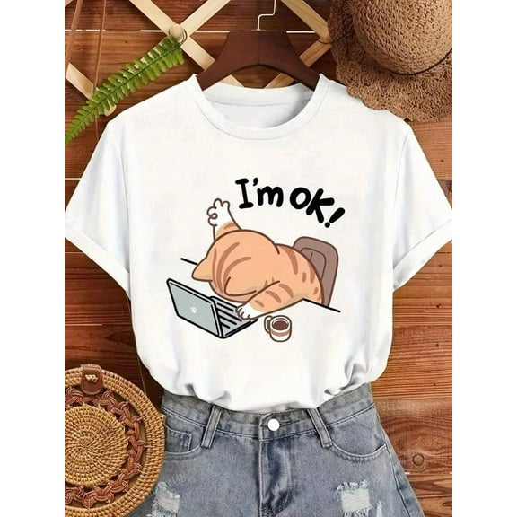 Cartoon Sleeping Cat On Computer Graphic Print Cute Women Short Sleeve T-Shirt
