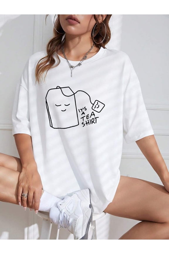 Cartoon & Slogan Graphic Drop Shoulder Oversized Tee IT's A TEA SHIRT Graphic Tees Women Tops