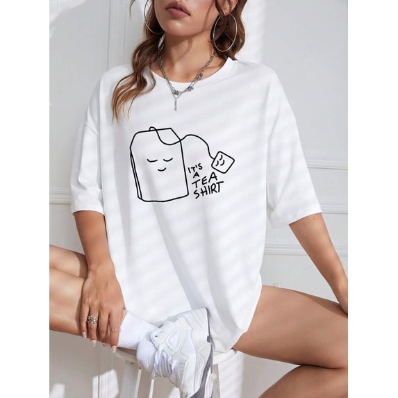 Cartoon & Slogan Graphic Drop Shoulder Oversized Tee IT's A TEA SHIRT Graphic Tees Women Tops