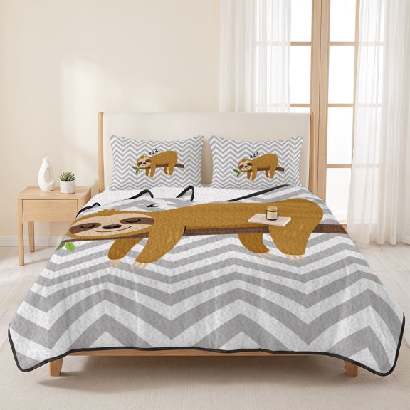 Cartoon Sloth Tree Branch 3 Pieces Quilt Set,1 Quilt with 2 Shams,Gray Chevron Stripe Animal Pattern Bedspread Soft Lightweight Bedding Coverlet Comforter Set for All Season 96"x106"