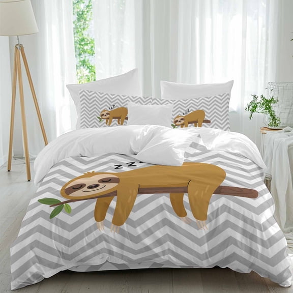 Cartoon Sloth Tree Branch California King Size Bed Set,Gray Chevron Stripe Animal Pattern Bedding for All Seasons,4 Pcs Bed Set with 1 Quiltcover (90"x106"),1 Sheet(94"x116"),2 Pillowcases (19"x35")