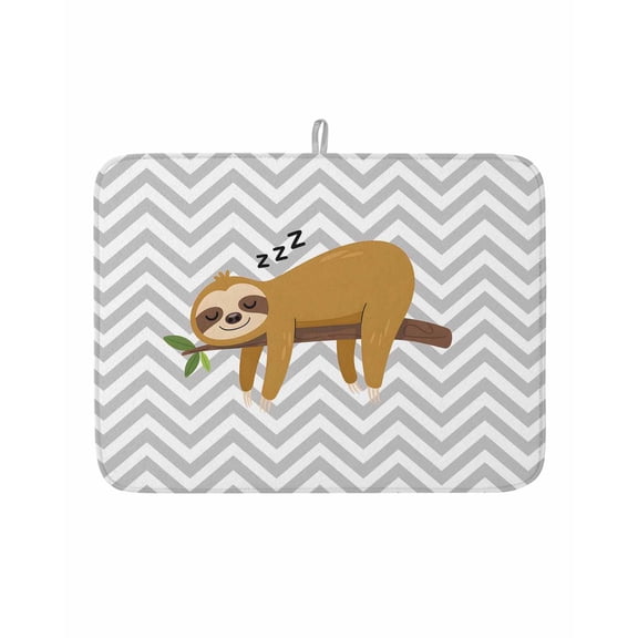 Cartoon Sloth Tree Branch Dish Drying Mats for Kitchen Counter,Absorbent Microfiber Dish Drainer Rack Mat Gray Chevron Stripe Animal Drying Pad for Sinks,Utensils,Countertops,18x24in