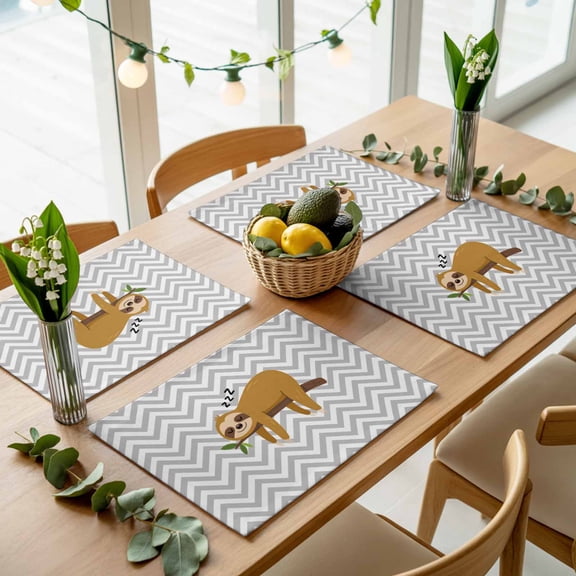 Cartoon Sloth Tree Branch Placemats Set of 4,Wipeable Washable Table Mats for Dining Tables, Gray Chevron Stripe Animal Place Mats for Kitchen Event Party Tabletop Decor