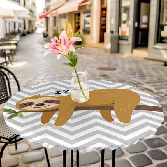 Cartoon Sloth Tree Branch Round Fitted Tablecloth with Elastic Edge,Waterproof Table Cloth Fits Tables Up to 55"-60",Wipeable Washable Table Cover for Indoor Outdoor,Gray Chevron Stripe Animal