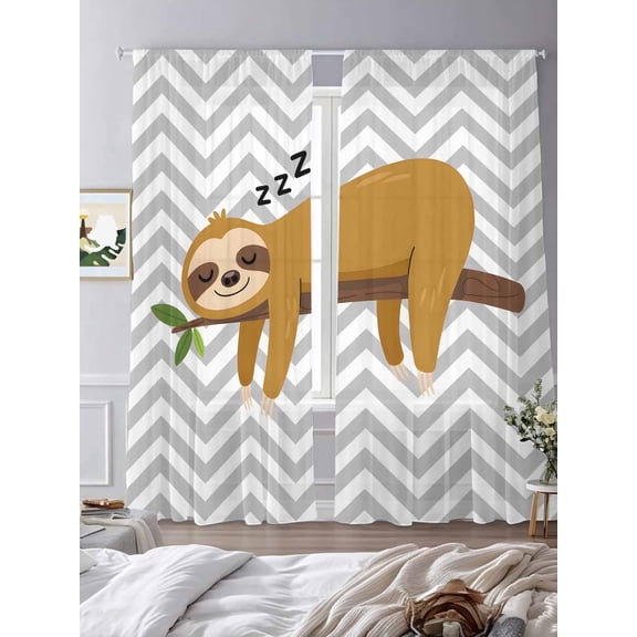 Cartoon Sloth Tree Branch Sheer Curtains 2 Panels Set Gray Chevron Stripe Animal Pattern Lihgt Filtering Rod Pocket Voile Drape,Semi Sheer Window Curtains for Bedroom Living Room,52"x84"