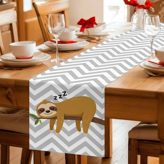 Cartoon Sloth Tree Branch Table Runner 36 Inches Long,Kitchen Dining Tablerunners Gray Chevron Stripe Animal Linen Table Runners Dresser Scarves for Home Dinner Wedding Holiday Party Decor