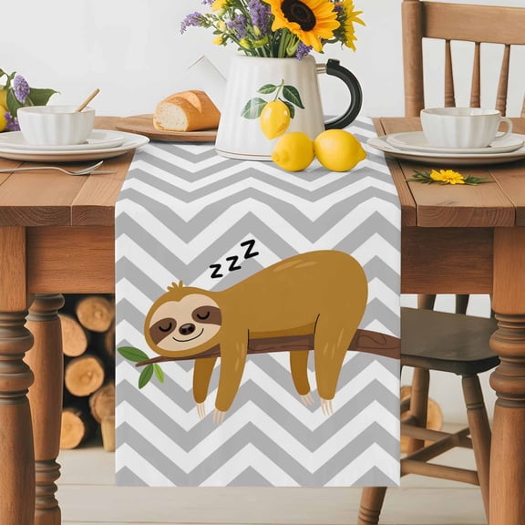 Cartoon Sloth Tree Branch Table Runner 70 Inches Long, Gray Chevron Stripe Animal Table Runners Tabletop Scarf Kitchen Dining Tables Decoration for Home Party Indoor Outdoor