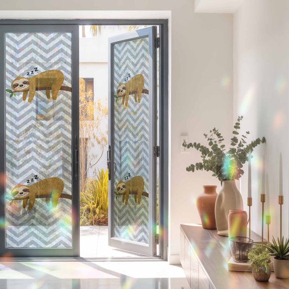 Cartoon Sloth Tree Branch Window Privacy Film, Rainbow Film Decorative Window Sticker 23.6x78.7in, Gray Chevron Stripe Animal Sun Blocking Static Stained Glass Cling Tint Non-Adhesive