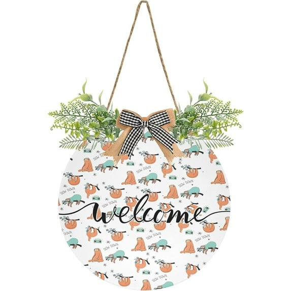 Cartoon Sloth Welcome Sign Farmhouse Front Porch Door Hanging Welcome Wreath for Holiday Wall Home 12 X 12 in Home Decor
