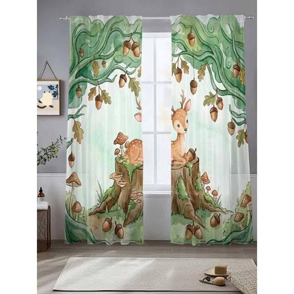 Cartoon Small Deer Sheer Curtains 84 inches Long, Watercolor Forest ...