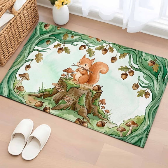 Cartoon Small Squirrels 2'x3' Rug for Entryway Front Door Kitchen Sink Area, Watercolor Forest Animal Acorn Green Tree Low Pile Non Slip Rectangle Area Rug, Machine Washable Indoor Outdoor Mat