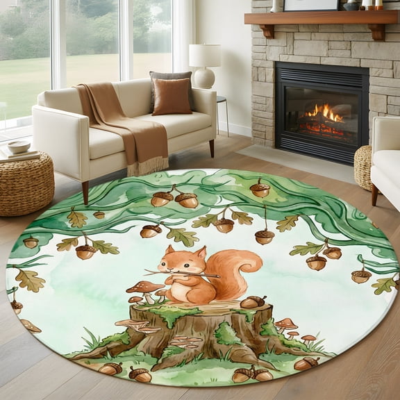 Cartoon Small Squirrels 5' Round Rug for Dining Table for 4 People Under Table Placement, Watercolor Forest Animal Acorn Green Tree Non Slip Circle Area Rug, Machine Washable Indoor Outdoor Mat