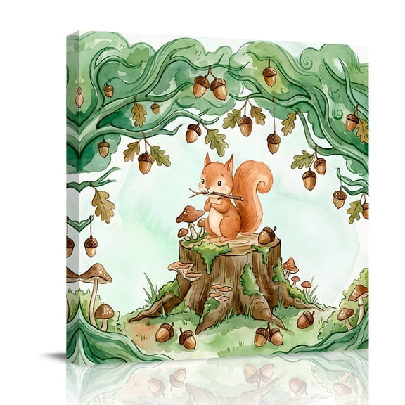 Cartoon Small Squirrels Canvas Wall Art for Living Room, Watercolor Forest Animal Acorn Green Tree Poster Print Painting for Bedroom Office Home Decoration Wall Pictures Prepare To Hang 10"x10"