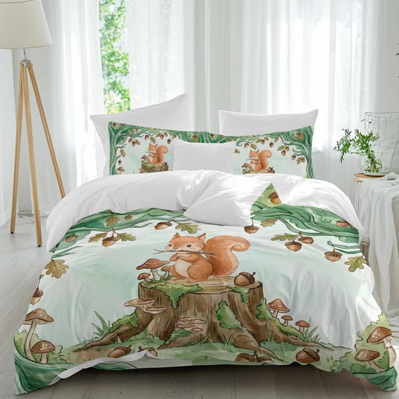 Cartoon Small Squirrels Comforter Set Queen Size, Watercolor Forest Animal Acorn Green Tree Soft Bedding Set for Man Woman, 4 Pieces Duvet Cover Set with Fitted Sheet, 2 Pillowcases