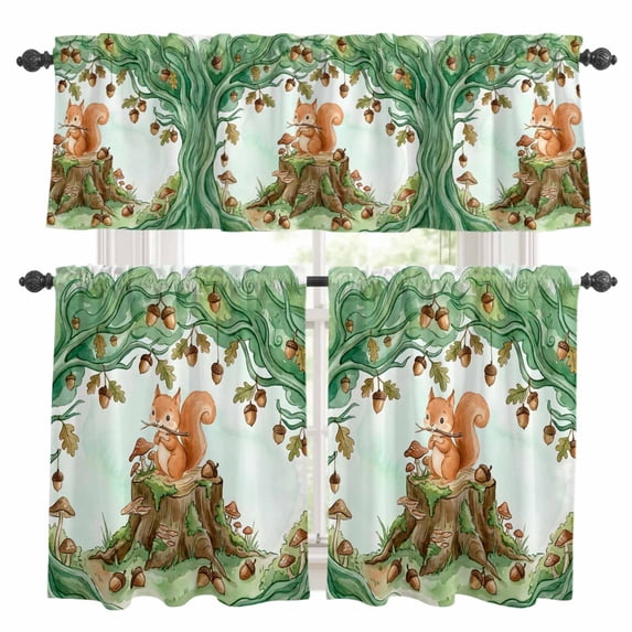 Cartoon Small Squirrels Kitchen Curtains Valances and Tiers Set of 3 Watercolor Forest Animal Acorn Green Tree Tier Curtains and Valance with Rod Pocket for Small Windows, 27.5"x24"