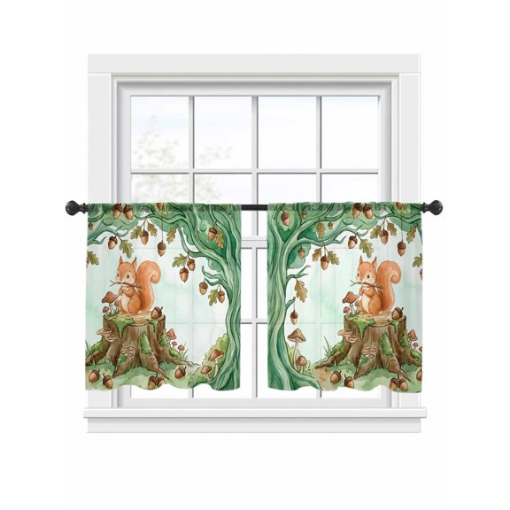 Cartoon Small Squirrels Sheer Curtains 2 Panels Set Watercolor Forest Animal Acorn Green Tree Sheer Window Curtains Light Filtering Rod Pocket Voile Drapes for Bedroom Living Room 52"x54"