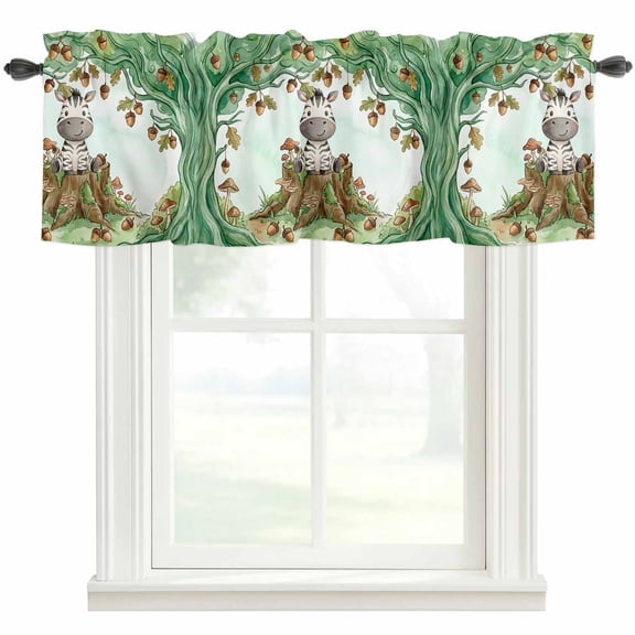 Cartoon Small Zebra Valances for Windows Watercolor Forest Animal Acorn Green Tree Rod Pocket Curtain Valance Window Treatment Short Curtains for Kitchen Living Room, 42"x18"