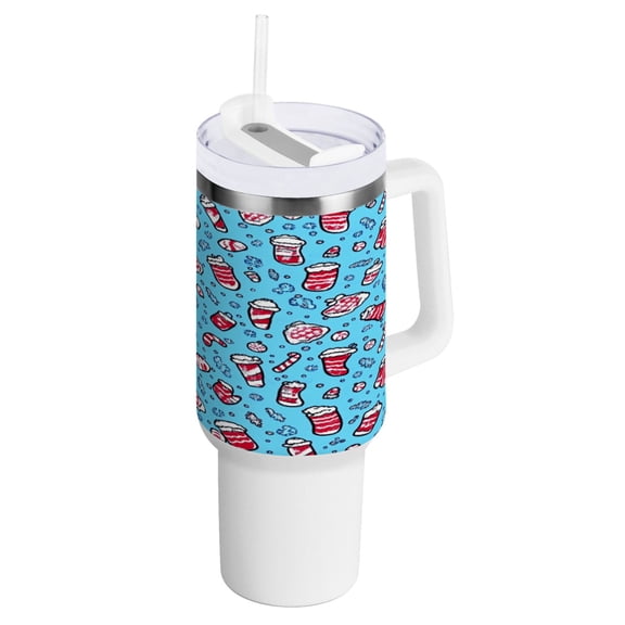 Cartoon Snack Pattern Design Insulated Tumblers 40oz Double-Walled Stainless Steel Water Bottles Car Handle