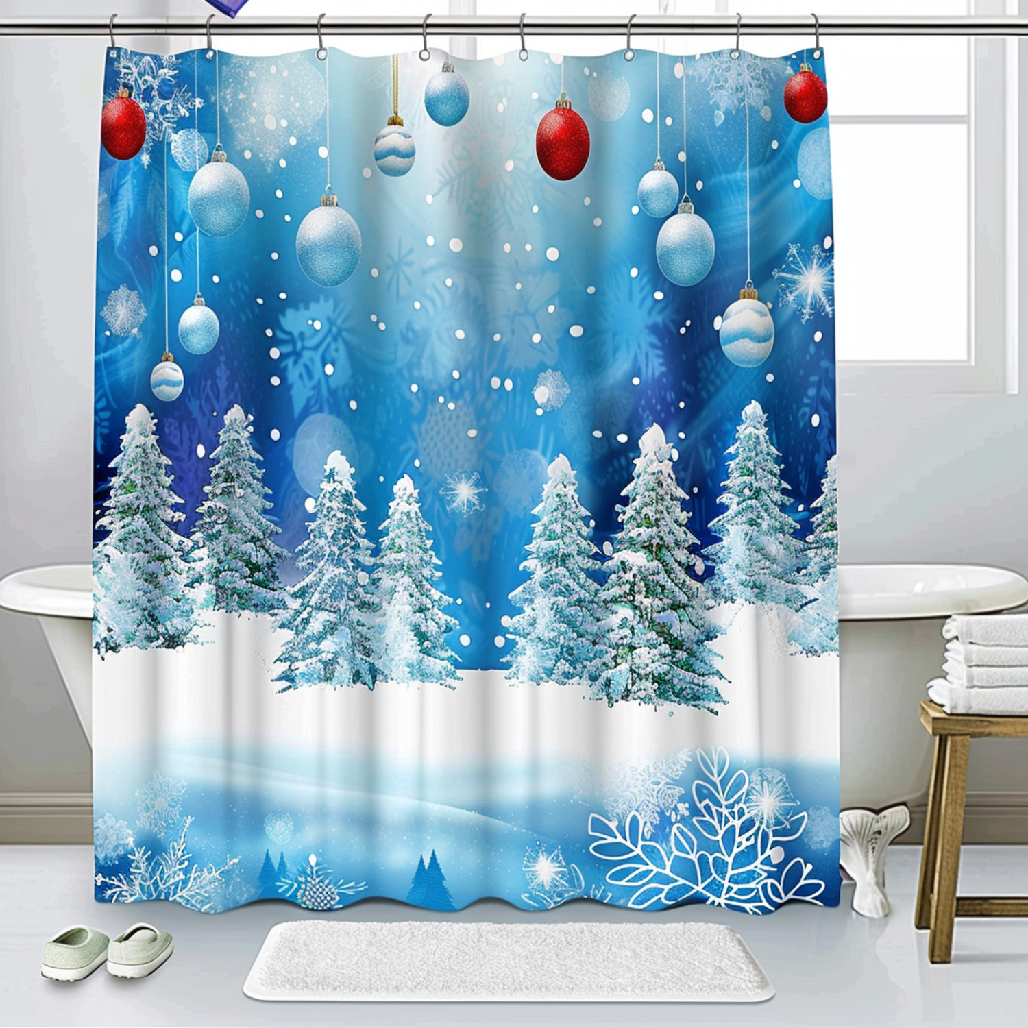Cartoon Snow Forest Christmas Bathroom Set Blue & White Winter