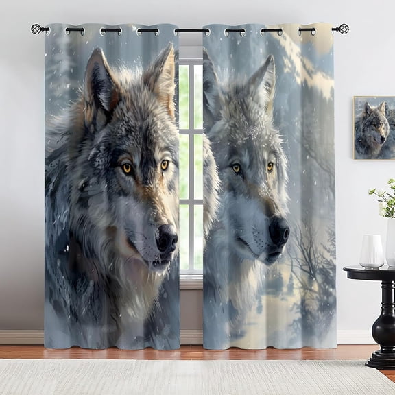 Cartoon Snow Wolf Blackout Curtains, Wild Wolf Animal Print Window Drapes for Bedroom Living Room Kitchen, Thermal Insulated Grommet Curtains 26"W x 45"L (2 Pack)