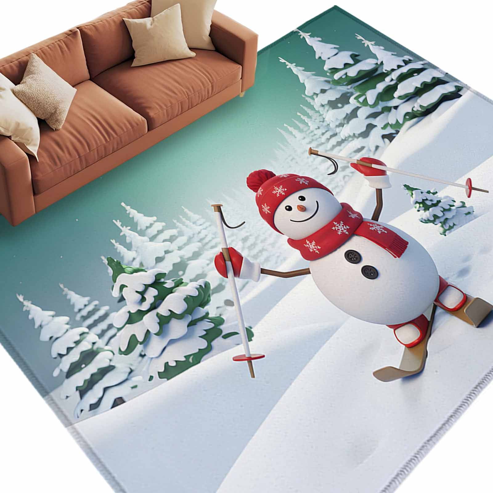 Snoozer Rug Cartoon Snowman Area Rug 5x8ft Winter Skiing Pine Tree Forest Snow ...