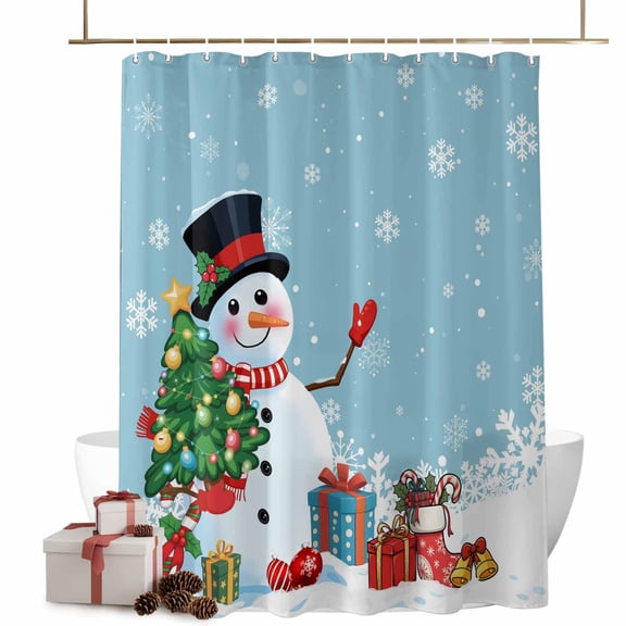 Cartoon Snowman Bathroom Shower Curtain Christmas Snowman Xmas Tree Snowfall Light Blue Waterproof Washable Shower Curtains for Bathtub Bath Decor with Grommets and Hook 36 X 72 Inch