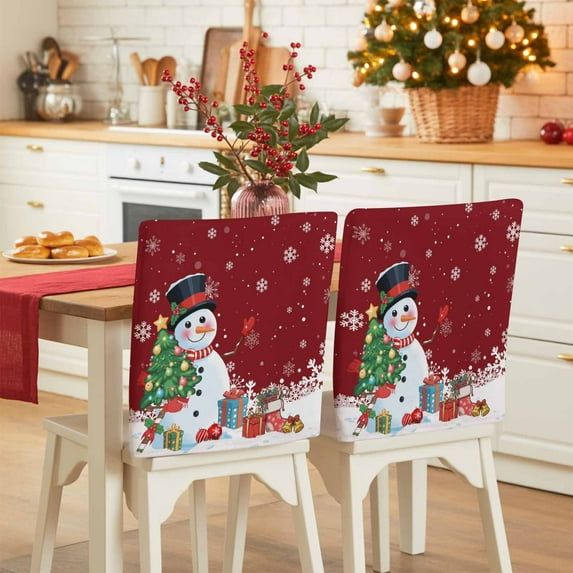 Cartoon Snowman Chair Covers Set of 6 Christmas Snowman Xmas Tree Snowfall Dark Red Chair Back Covers Stretch Removable Washable Slipcovers Protector for Dining Room Kitchen Party Decor