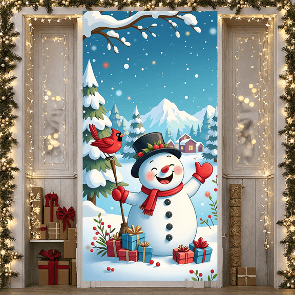 Cartoon Snowman Christmas Banner Festive Winter Holiday Decoration Colorful Gift Illustration for Christmas Party Indoor Outdoor Celebration