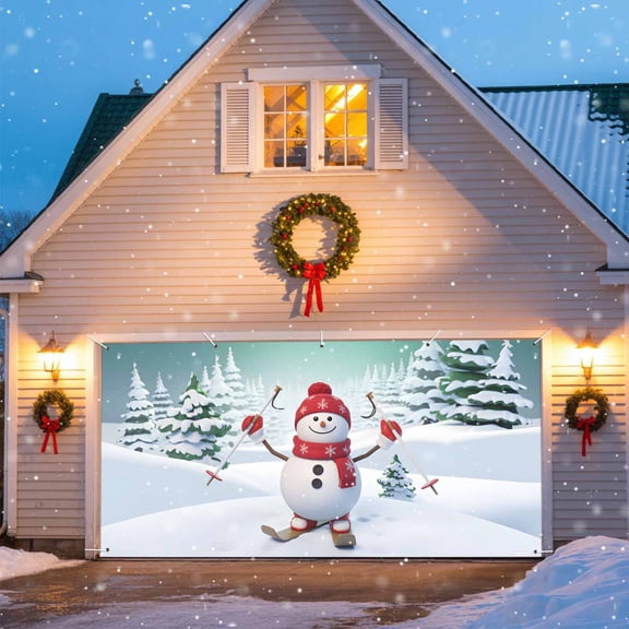 Cartoon Snowman Garage Door Banner Covers, Winter Skiing Pine Tree Forest Snow Scene Large Hanging Indoor/Outdoor Backdrop Background for Christmas Winter Party Decor, 6x13 FT