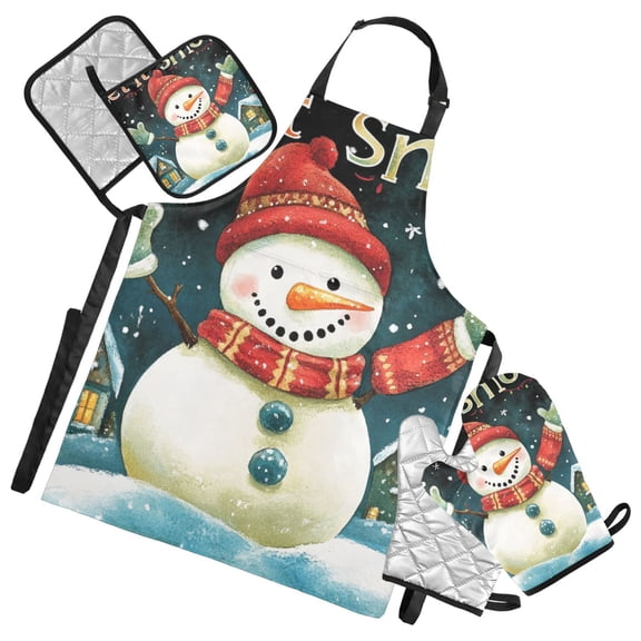 Cartoon Snowman Oven Mitts and Pot Holders with Chef Apron Set 5 Pcs Kitchen Cooking Set