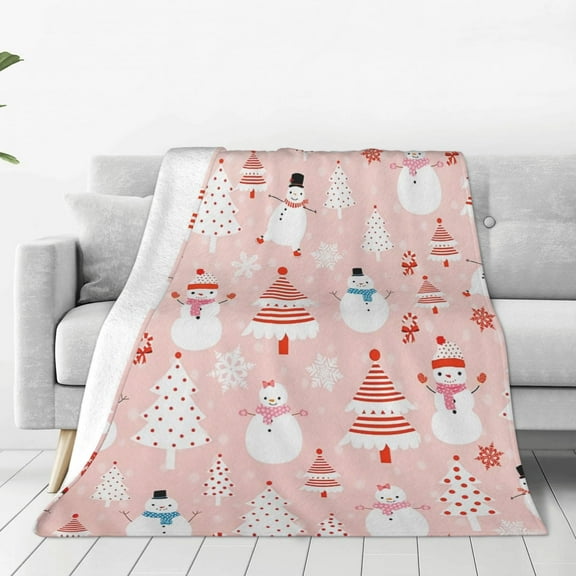 Cartoon Snowman Sherpa Pink Dots Xmas Printed Throw Blanket，Kids Adults Soft Lightweight Flannel Fleece Blanket for Couch Sofa Bed Living Room 40"×50"