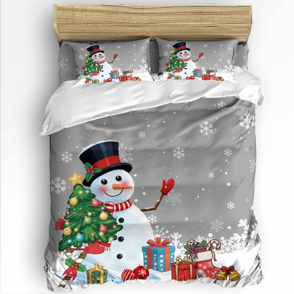 Cartoon Snowman Twin Size Comforter Set, Christmas Snowman Xmas Tree Box Snowfall Grey Bedding for All Seasons, 4 Pcs Bed Set with 1 Comforter (68"x86") ,1Sheet(66"x116"), 2 Pillowcases (19"x29")