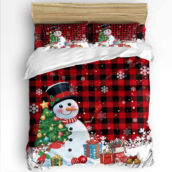 Cartoon Snowman Twin Size Comforter Set, Christmas Snowman Xmas Tree Snowfall Red Plaid Bedding for All Seasons, 4 Pcs Bed Set with 1 Comforter (68"x86") ,1Sheet(66"x116"), 2 Pillowcases (19"x29")