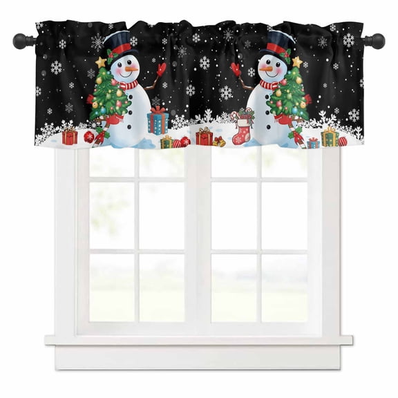 Cartoon Snowman Valances for Windows Christmas Snowman Xmas Tree Box Snowfall Black Rod Pocket Curtain Valance Window Treatment Short Curtains for Kitchen Living Room, 42"x12"