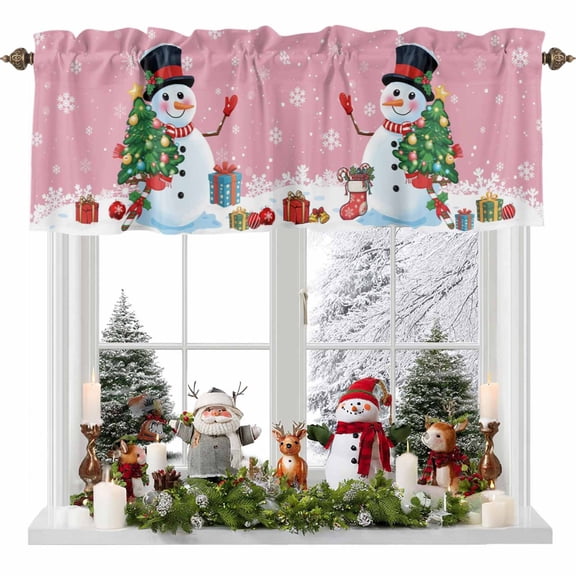 Cartoon Snowman Valances for Windows, Christmas Snowman Xmas Tree Snowfall Pink Rod Pocket Valance Short Window Treatments Curtains for Kitchen Bathroom Bedroom Decor, 56 x 16 In