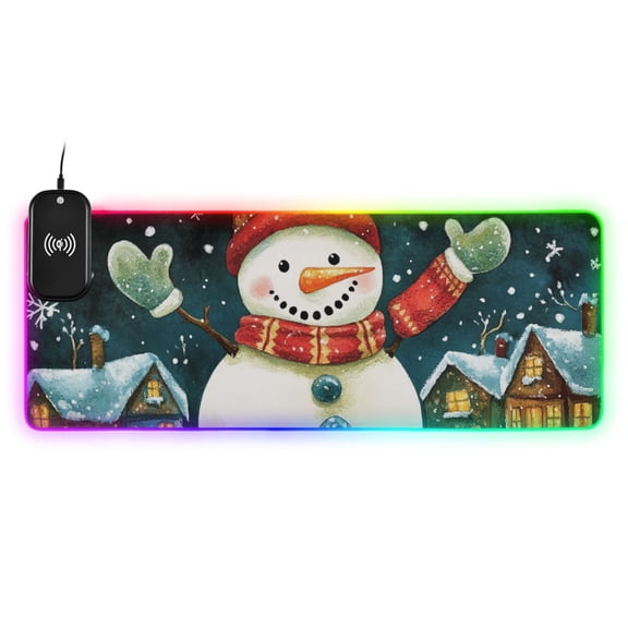 Cartoon Snowman Wireless Charging RGB Gaming Mouse Pad Large Keyboard Mat Rubber Base 13 Light Modes