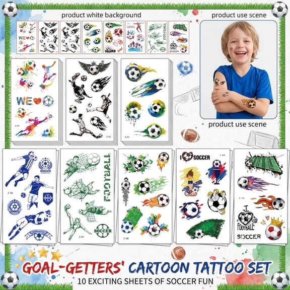 Cartoon Soccer Temporary Tattoos, 10 Sheet Assorted Football Designs for Sports Fans, Game Day Body Face Stickers for Tailgates Watch Parties Kids Adults