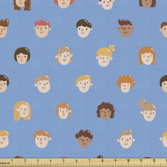 Ambesonne Cartoon Fabric by the Yard Upholstery, Boy and Girl Face Portrait, 1 Yard, Sky Blue Orange Redwood