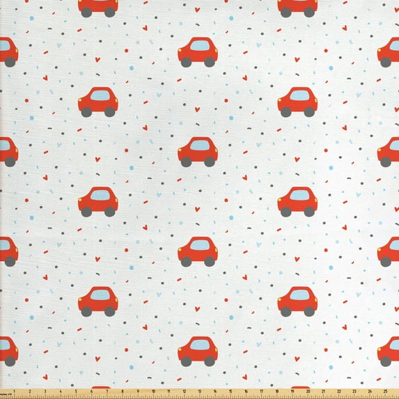Ambesonne Cartoon Fabric by the Yard Upholstery, Rounds Hearts and Cars, 2 Yards, Vermilion Pale Blue