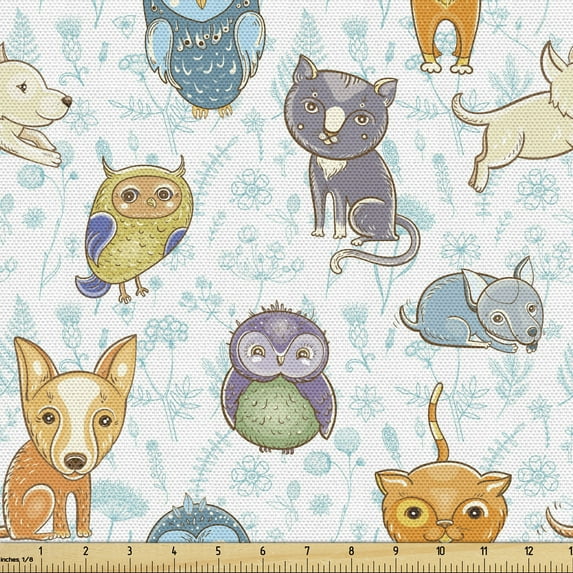 Ambesonne Cartoon Fabric by the Yard Upholstery, Animals Kitten Puppy Art, 5 Yards, Multicolor