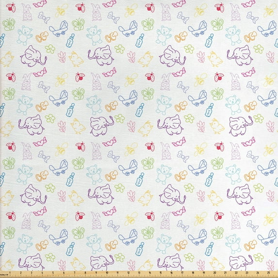 Ambesonne Cartoon Fabric by the Yard Upholstery, Elephants Bears, 2 Yards, Multicolor
