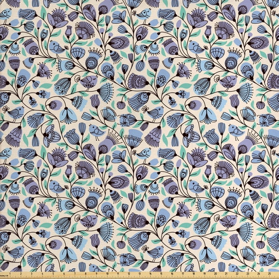 Ambesonne Cartoon Fabric by the Yard Upholstery, Birds Flourishing Flowers, 10 Yards, Multicolor