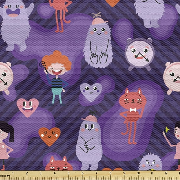 Ambesonne Cartoon Fabric by the Yard Upholstery, Funky Hearts and Creatures, 1 Yard, Dark Purple Multicolor