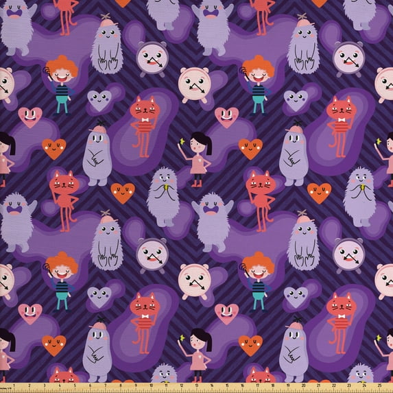 Ambesonne Cartoon Fabric by the Yard Upholstery, Funky Hearts and Creatures, 5 Yards, Dark Purple Multicolor